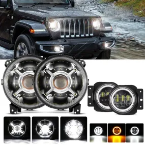 9'' ROUND 100W LED HEADLIGHTS WITH DRL & 4'' 30W LED FOG LIGHTS FOR 2018-2022 JEEP WRANGLER JL