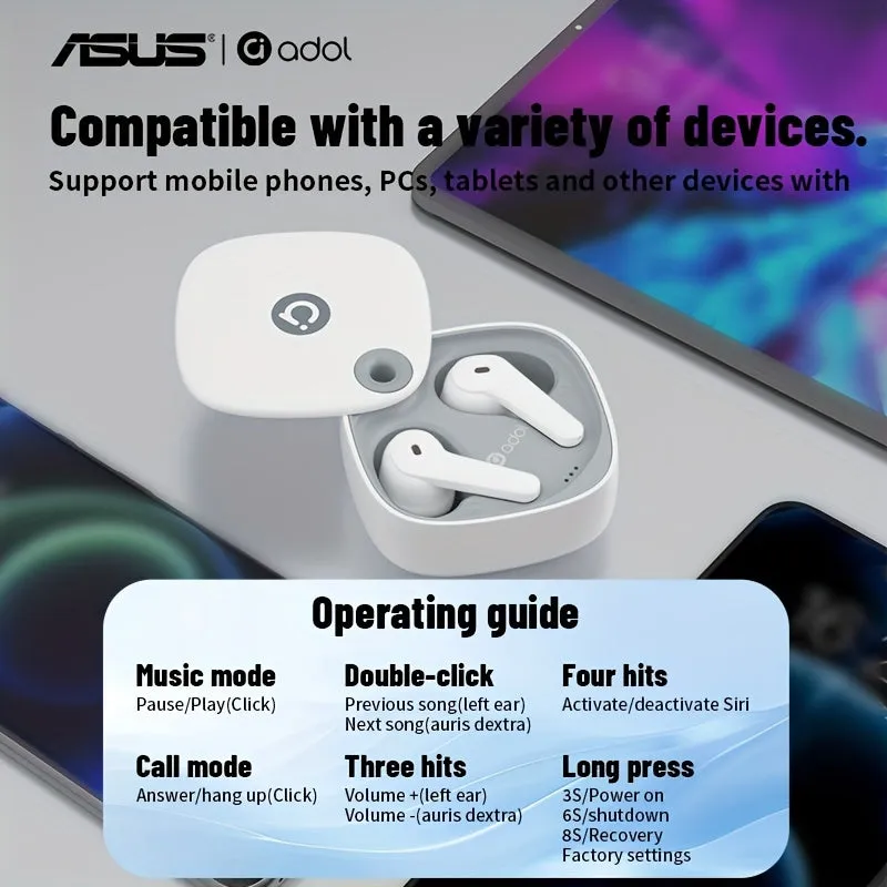 Asus headphones in-ear function touch active noise cancellation immersive sound quality, wireless earbuds built-in microphone music call control with charging ear cap