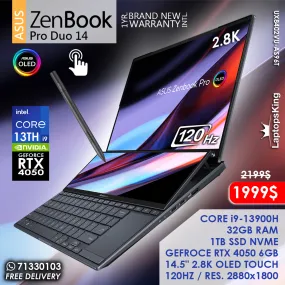 Asus Zenbook Pro Duo 14 UX8402VU-AS96T Core i9-13900h Rtx 4050 14.5" 120hz 2.8k Oled Touch Laptop (Brand New)