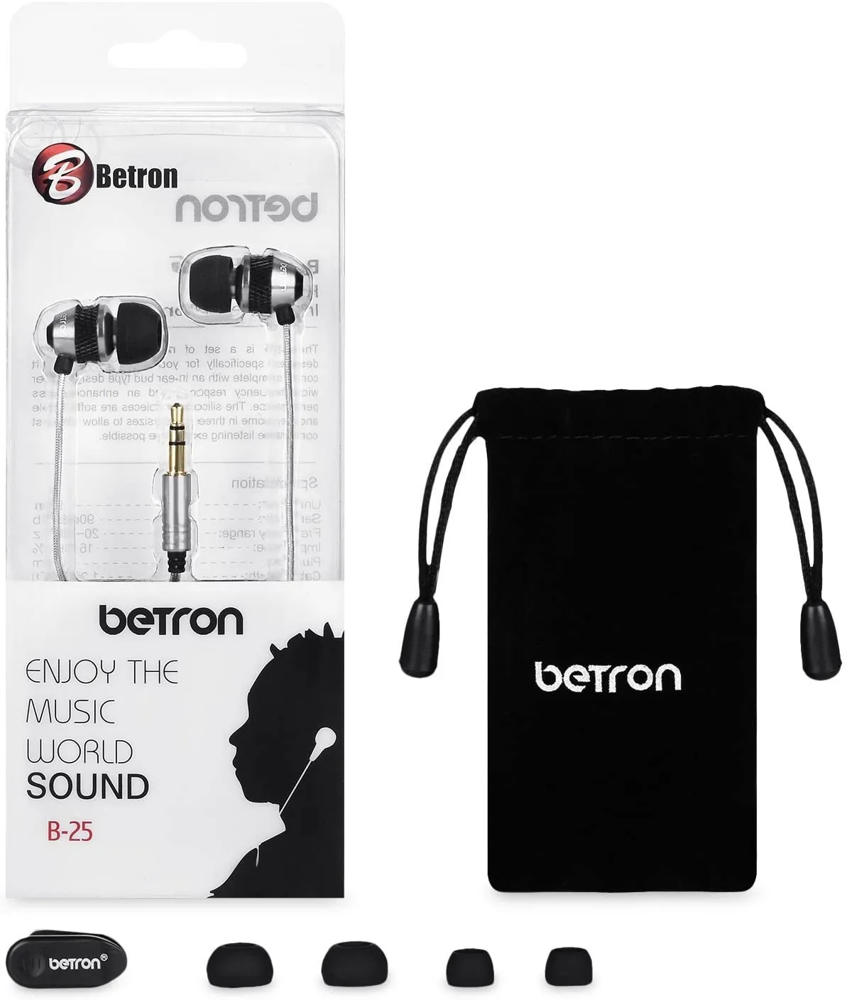 Betron B25 Earphones, Noise Isolating In-Ear Wired Headphones with Strong Bass, Tangle-Free Cord, Lightweight