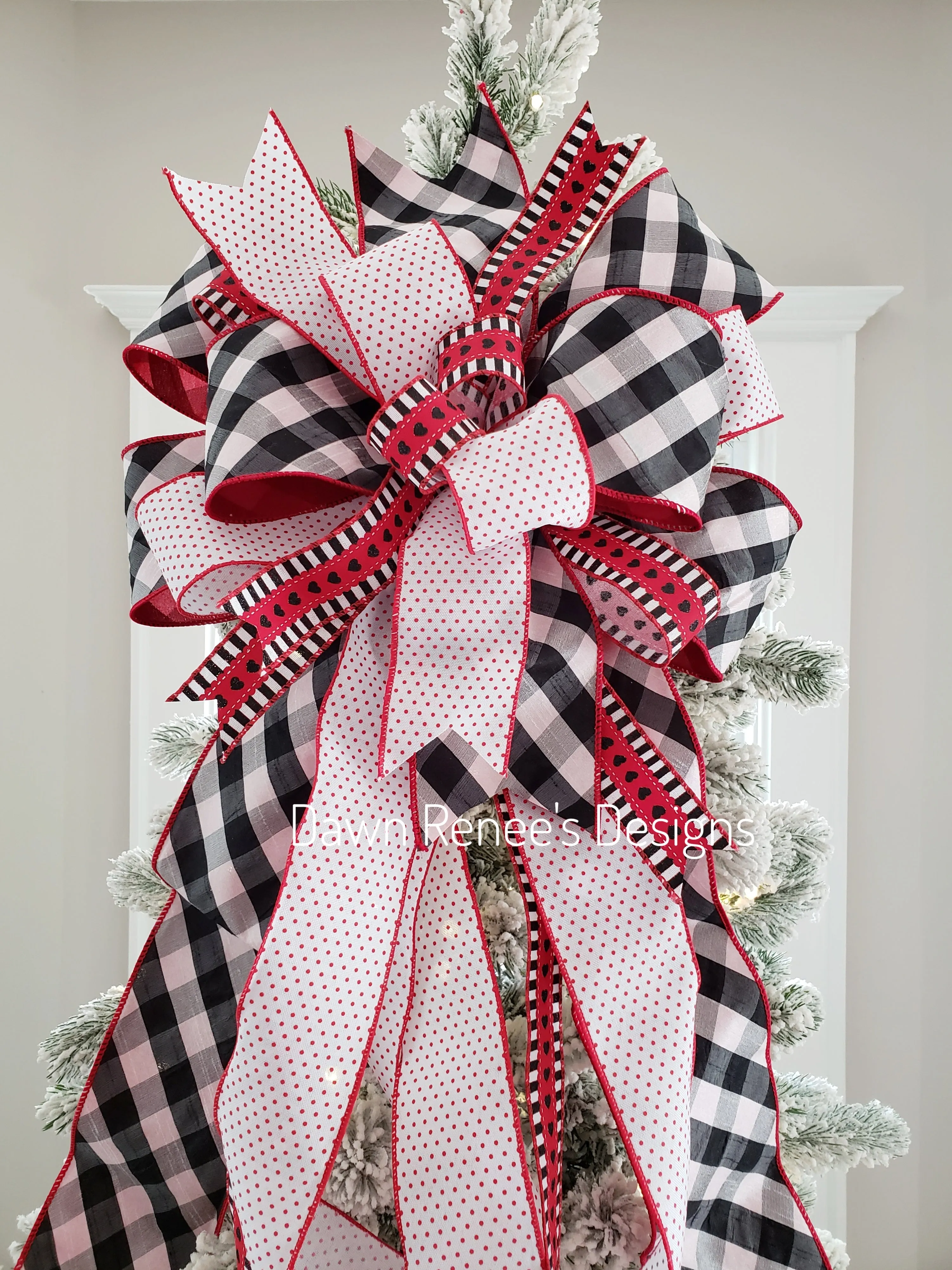 Buffalo Check Valentine's Day Bow, Red White Black Tree Topper