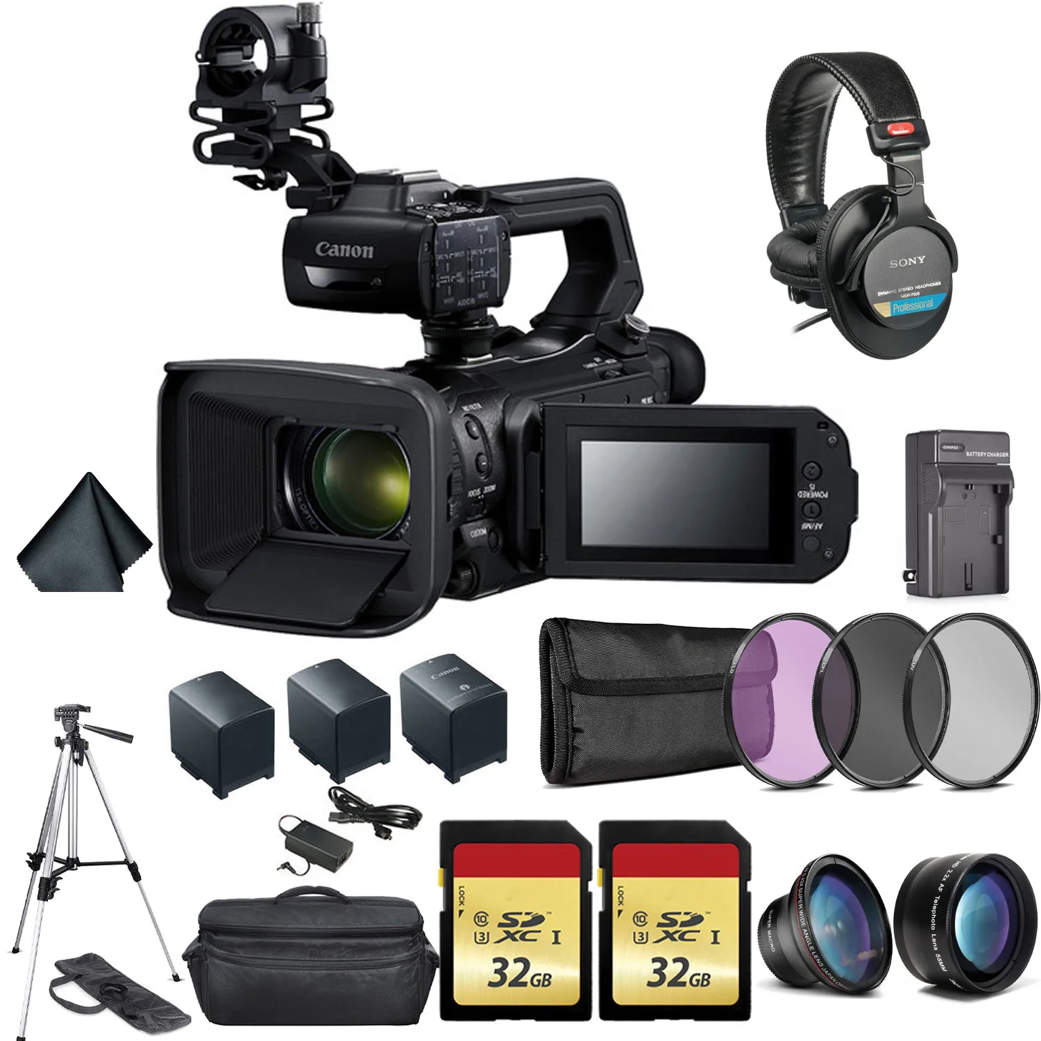 Canon XA50 Professional UHD 4K Camcorder Bundle with 2x Spare Batteries   2x 32GB Memory Cards   Carrying Case   Sony MDR 7506 Headphones