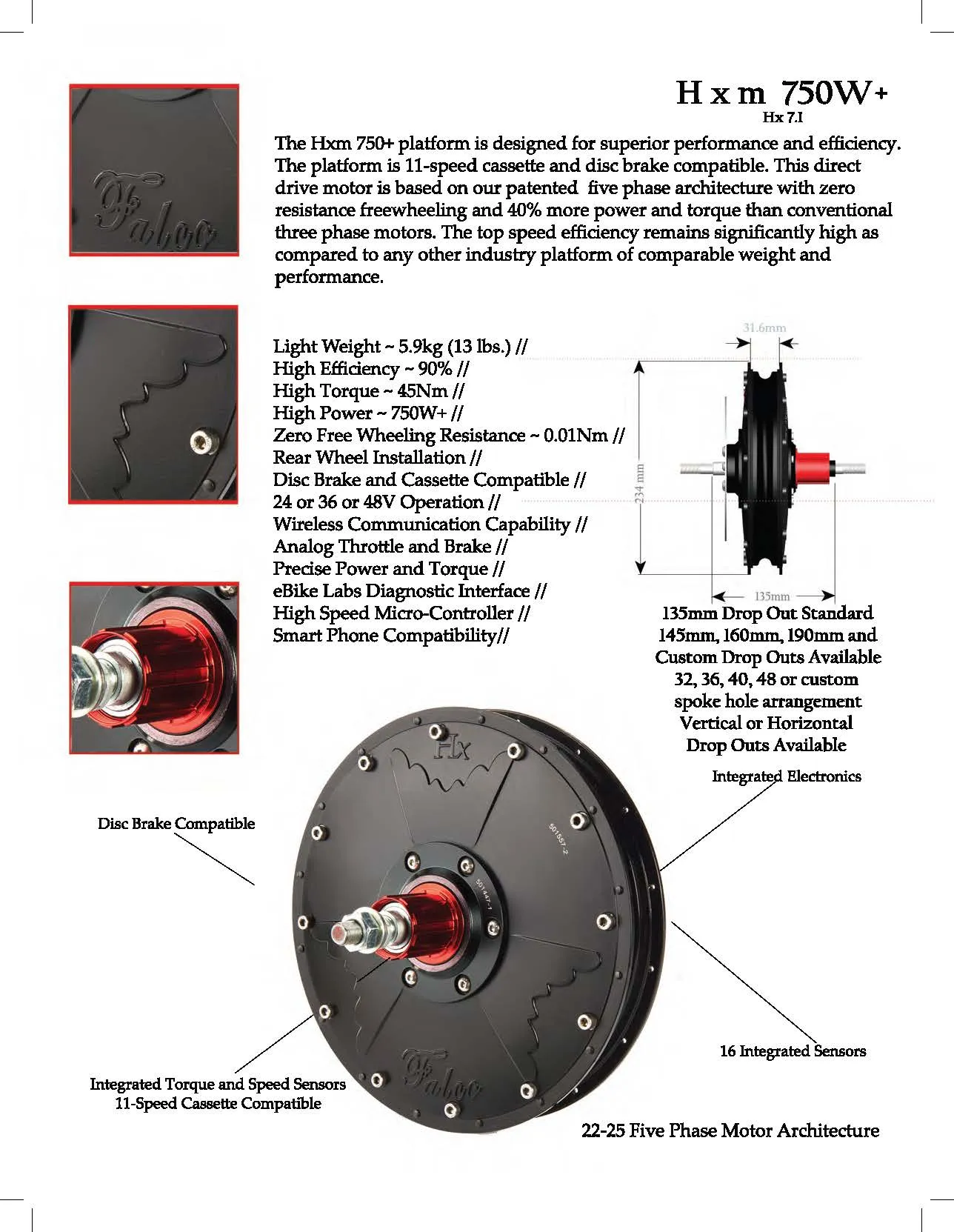 HX 750W Electric Bike Motor with Integrated Controller, Torque and Speed Sensors