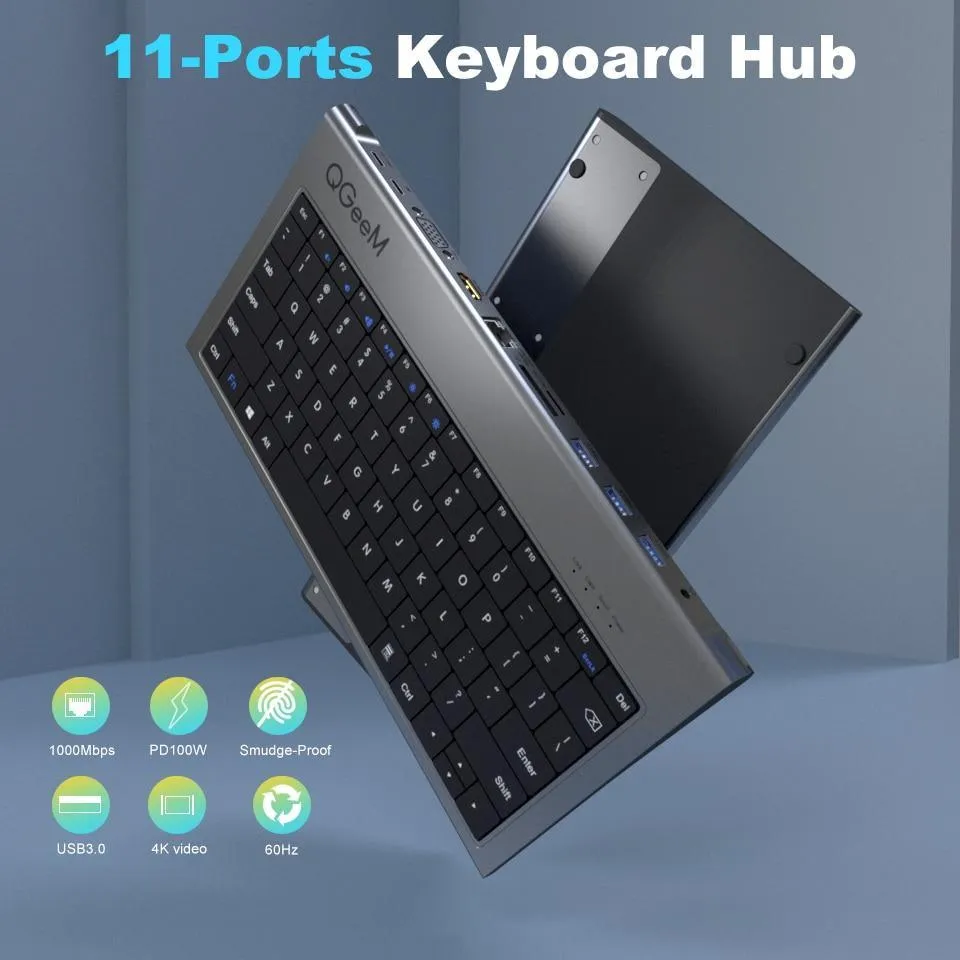 Keyboard and USB-C Hub: for Mac Android Windows Triple Display 4K HDMI SD Card RJ45 LAN Aux PD USB Hub Adapter