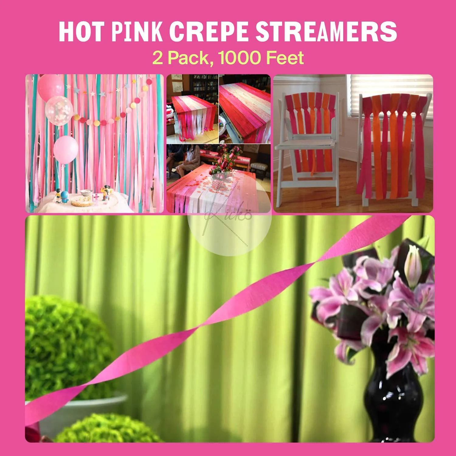 Kicko Hot Pink Crepe Streamers - 2 Pack, 1000 Feet x 1.75 Inches - for Kids, Baby Showers