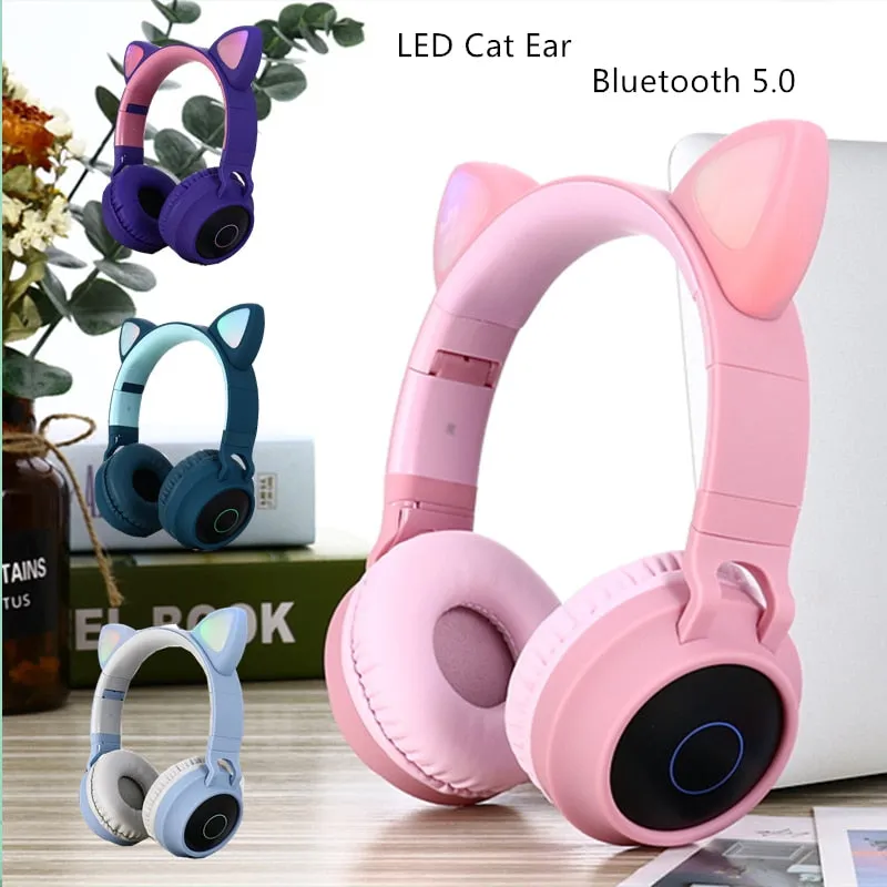 LED Cat Ear Noise Cancelling Headphones Bluetooth 5.0 Young People Kids Headset Support TF Card 3.5mm Plug With Mic