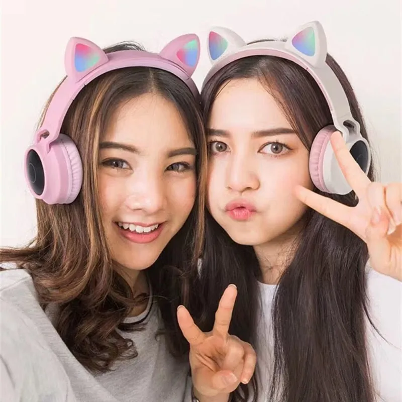 LED Cat Ear Noise Cancelling Headphones Bluetooth 5.0 Young People Kids Headset Support TF Card 3.5mm Plug With Mic