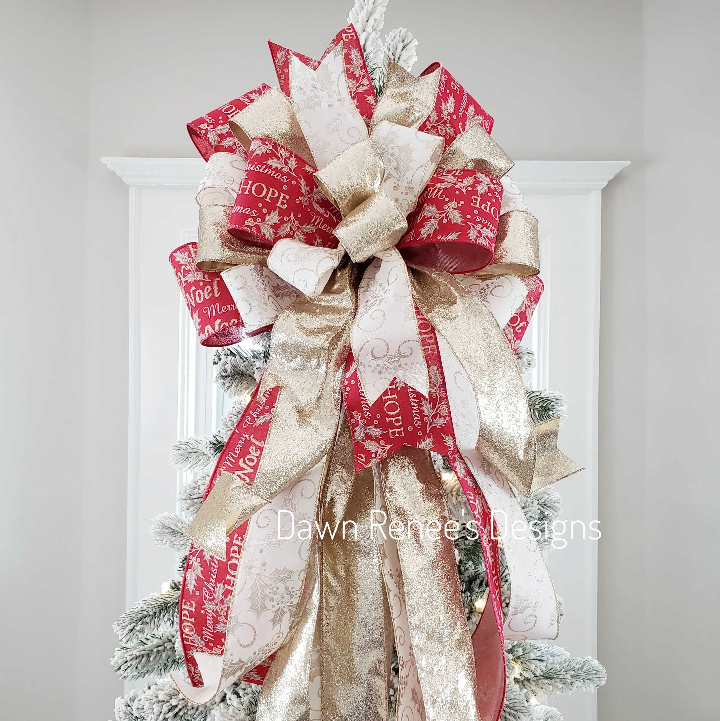 Red Gold Cream Christmas Tree Bow with Long Streamers