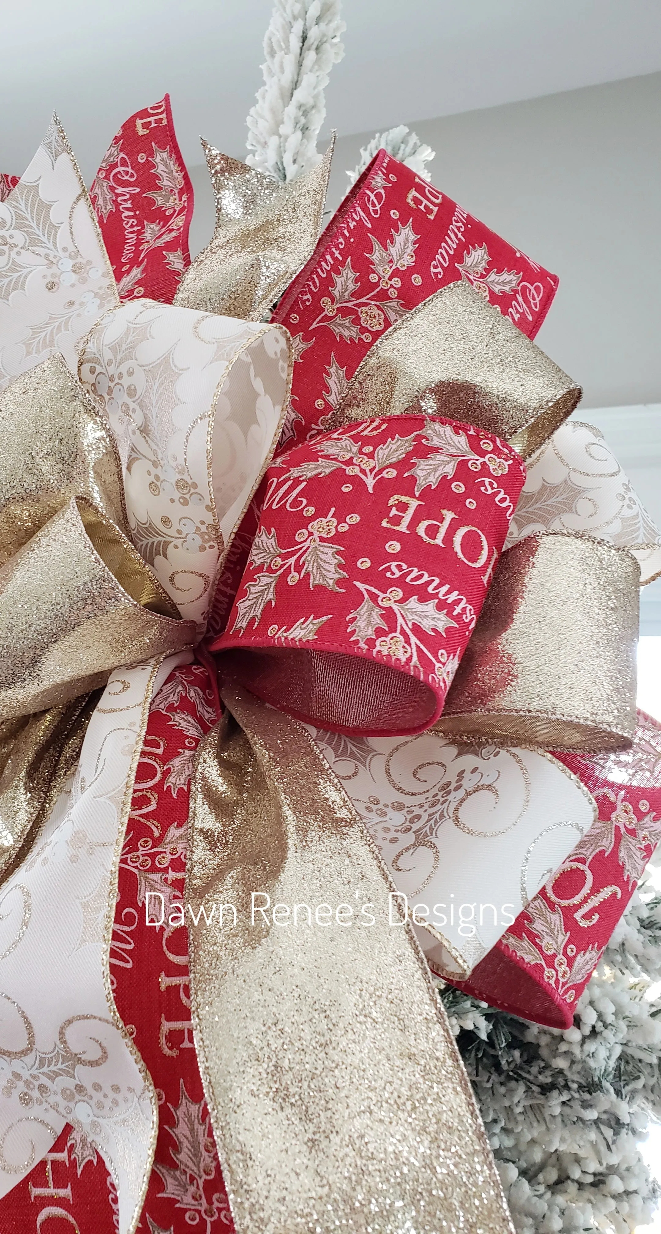 Red Gold Cream Christmas Tree Bow with Long Streamers