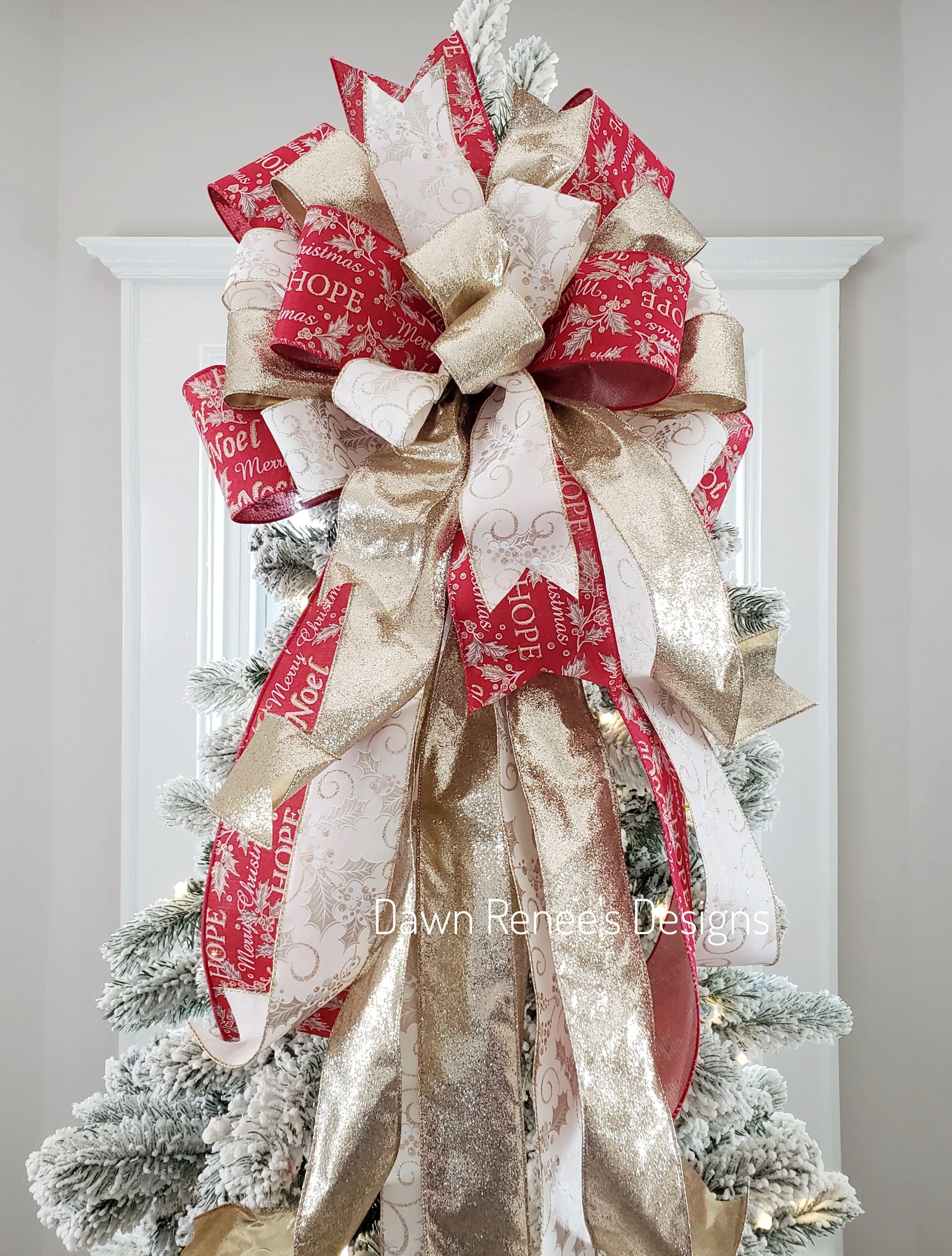 Red Gold Cream Christmas Tree Bow with Long Streamers