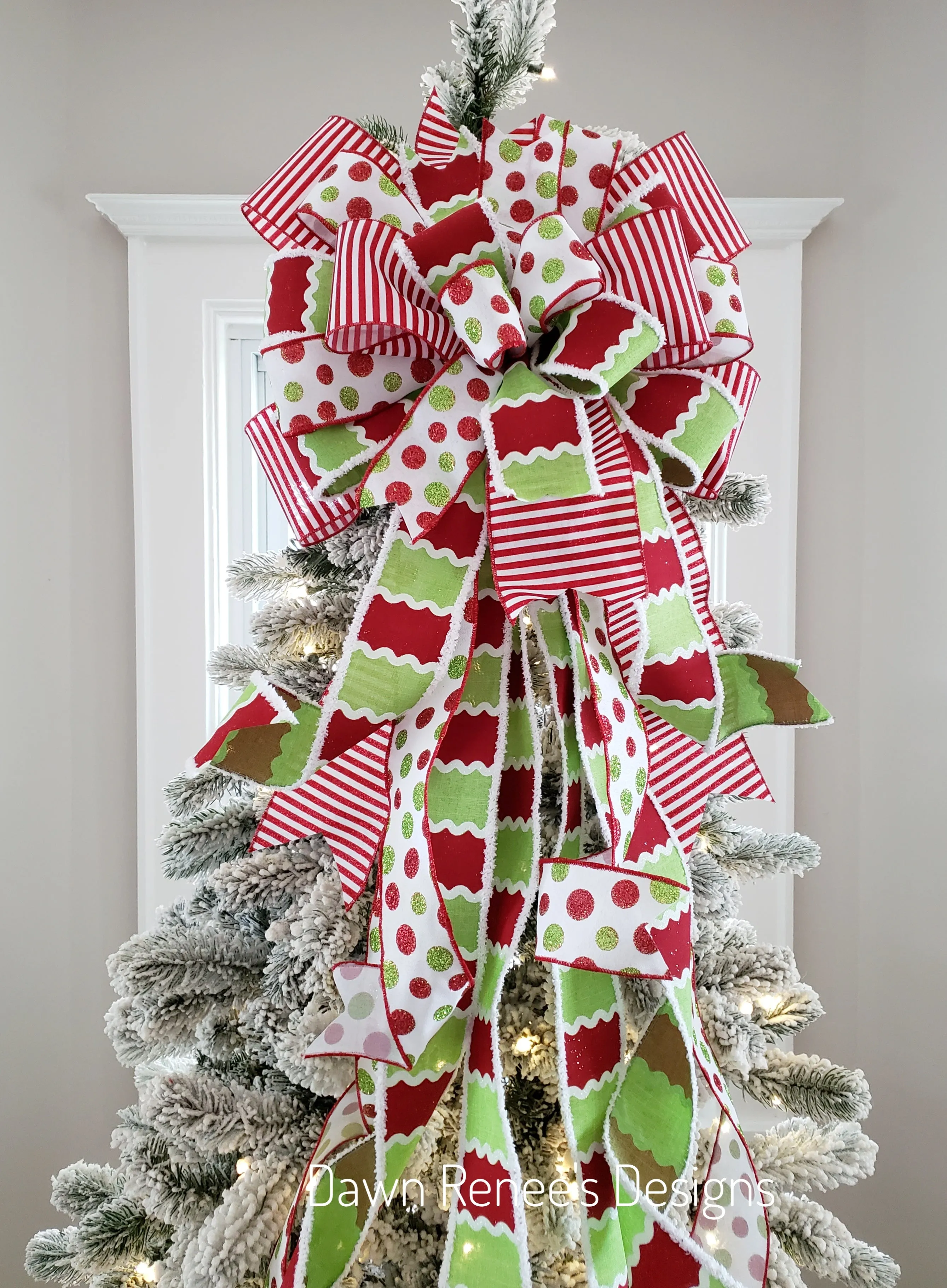 Red White Green Christmas Tree Bow with Long Streamers