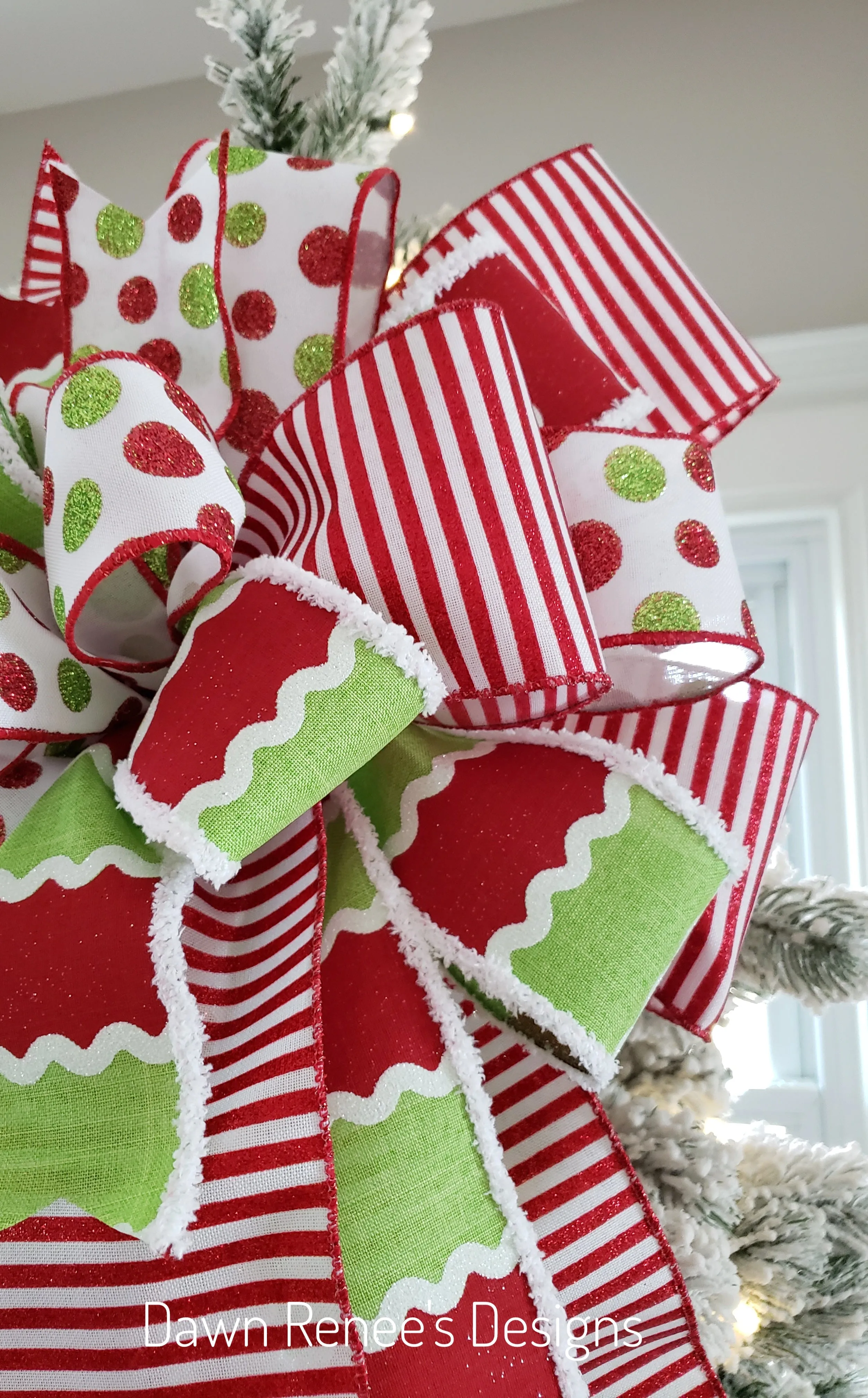 Red White Green Christmas Tree Bow with Long Streamers