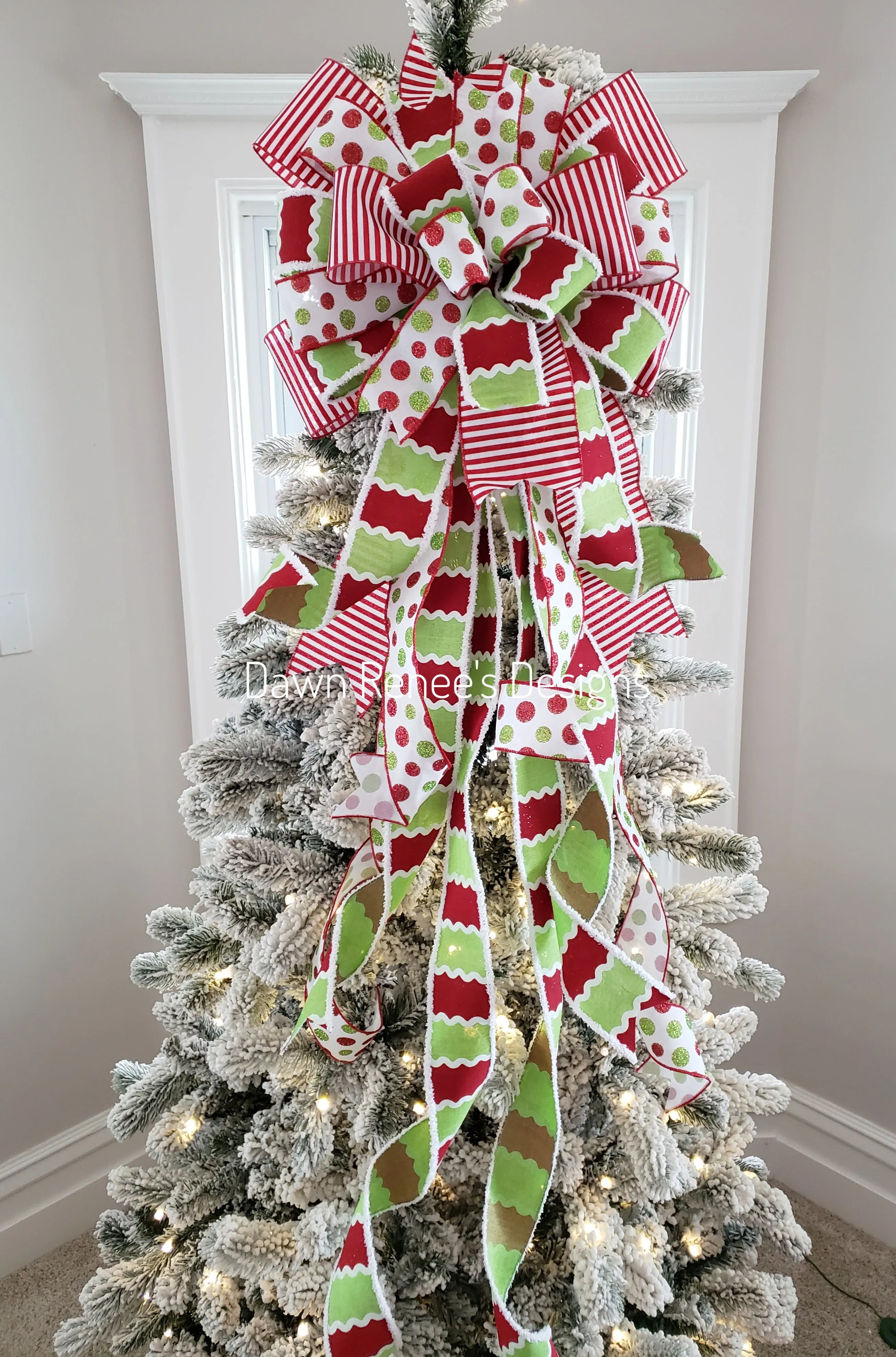 Red White Green Christmas Tree Bow with Long Streamers