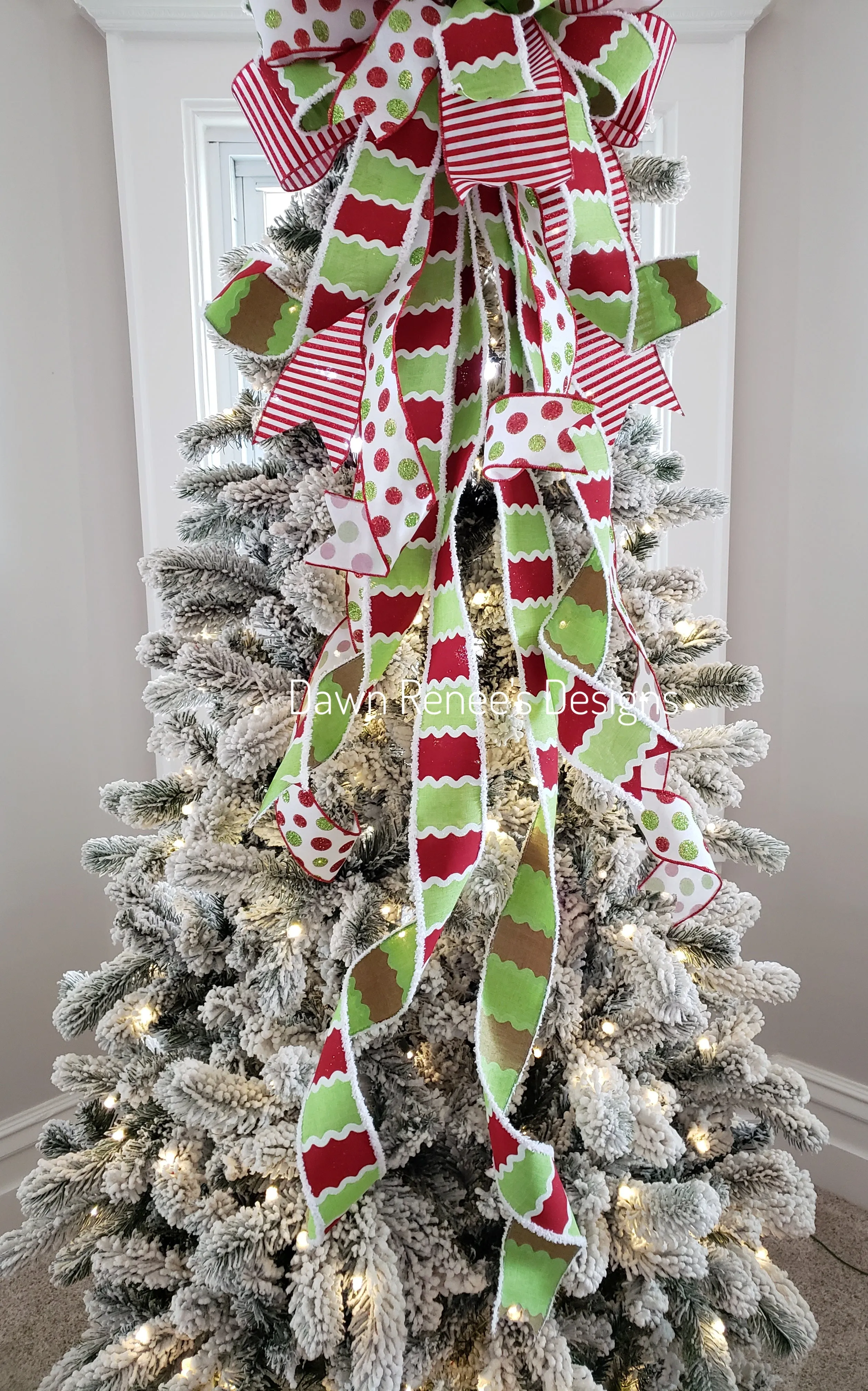 Red White Green Christmas Tree Bow with Long Streamers