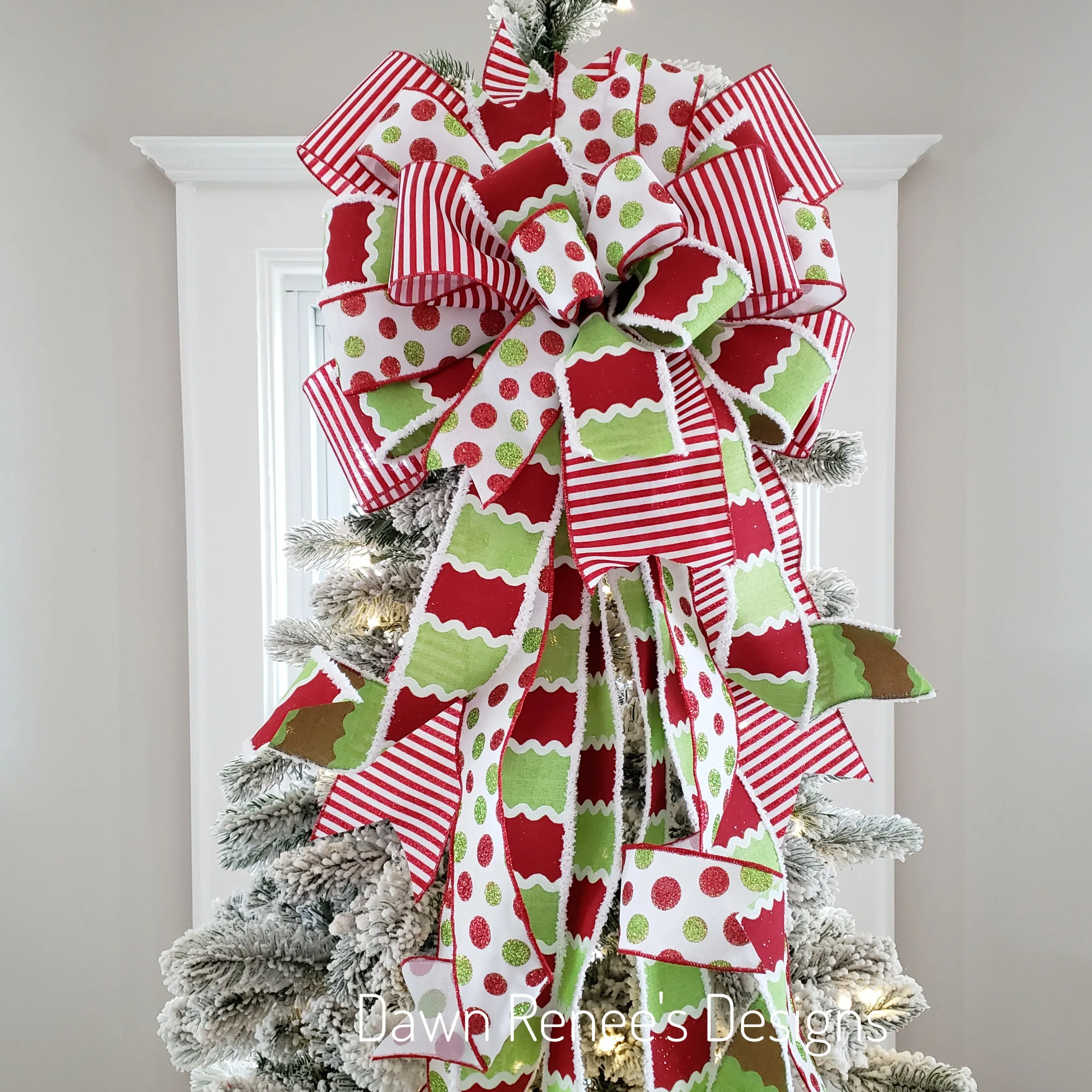 Red White Green Christmas Tree Bow with Long Streamers