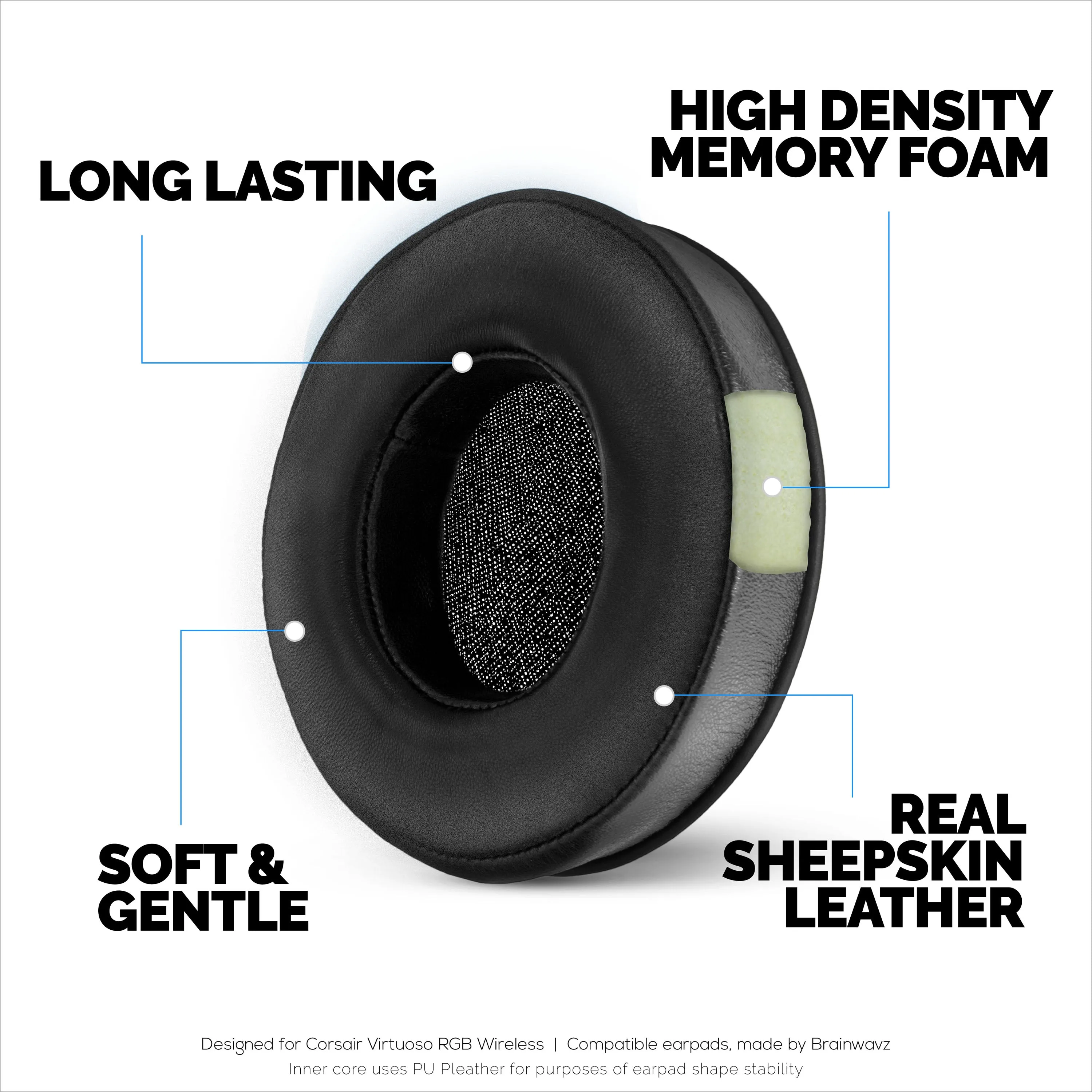 Premium Sheepskin Leather Memory Foam Earpads for Corsair Virtuoso RGB Wireless/XT/SE Headset