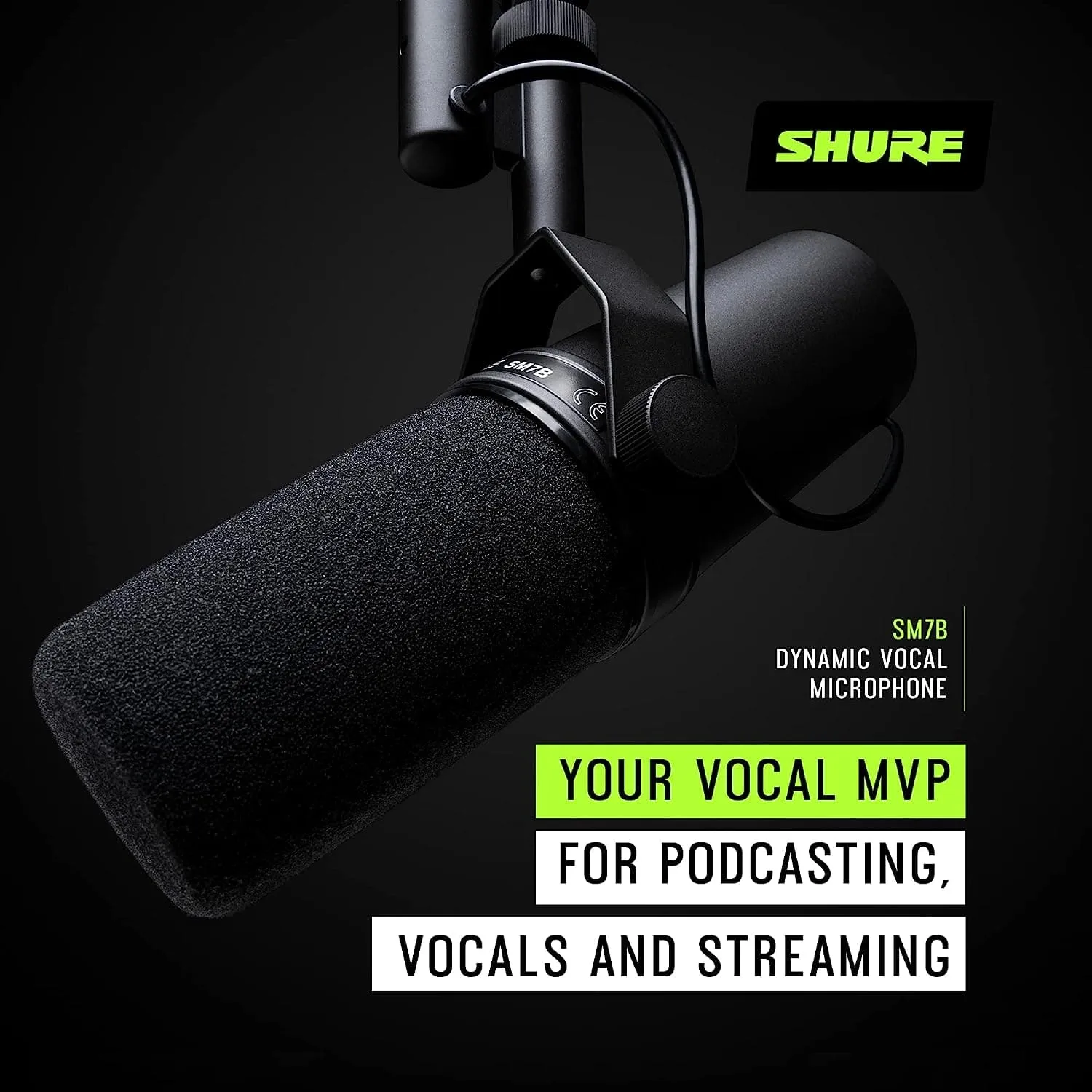 Shure SM7B Vocal Dynamic Microphone Broadcast, Podcast & Recording, XLR Studio Mic Music & Speech,  Detachable Windscreen - Black