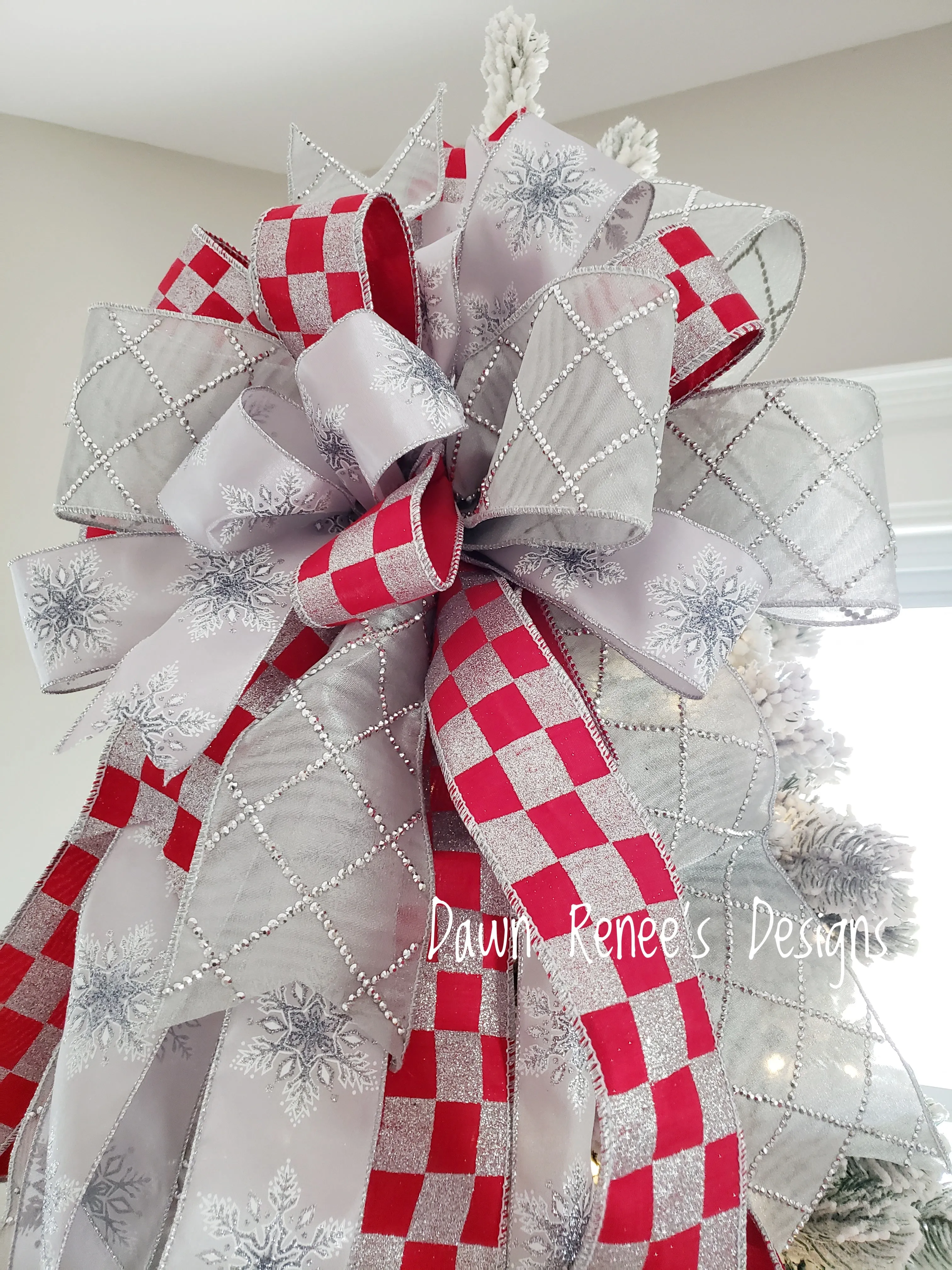 Silver Red Christmas Tree Topper Bow