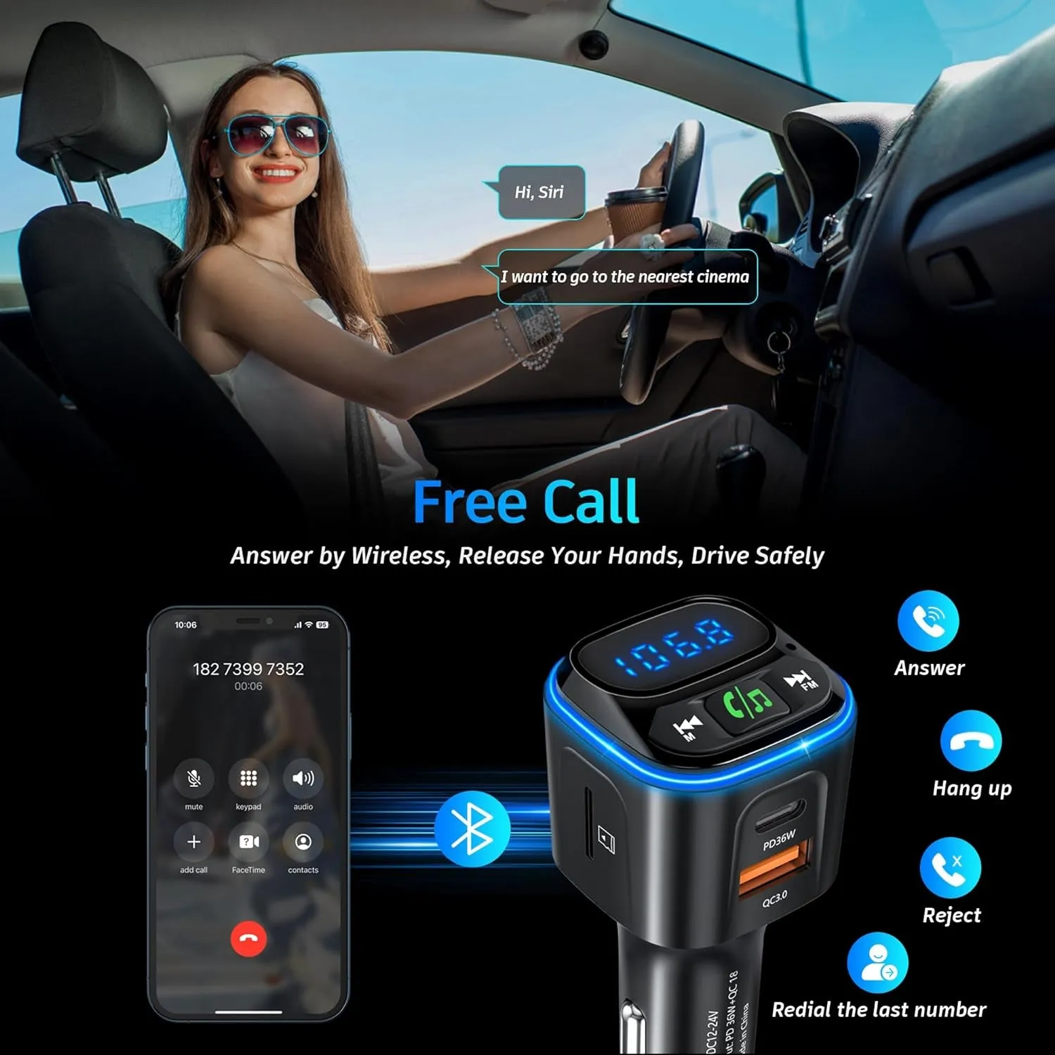 SONRU Bluetooth 5.3 FM Transmitter Car Adapter [PD36W & QC18W] [Fast Charging] Wireless Radio Adapter Hifi Bass Sound Hands-Free Calling LED Display with Light Switch Support Bluetooth/U Disk/Tf Card