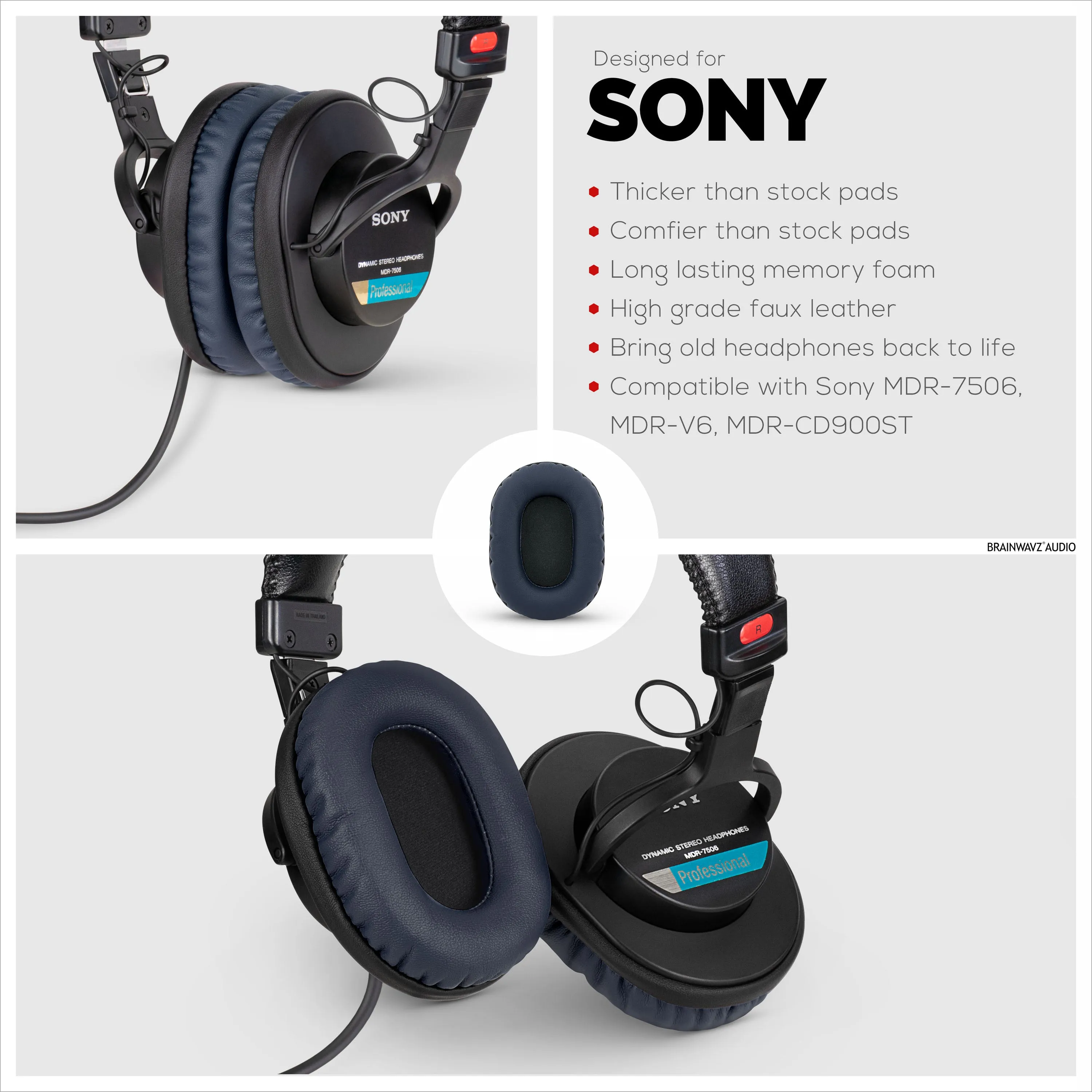 SONY MDR-7506 Replacement Premium Earpads - Also Suitable for V6, CD900ST Headphones (PU)