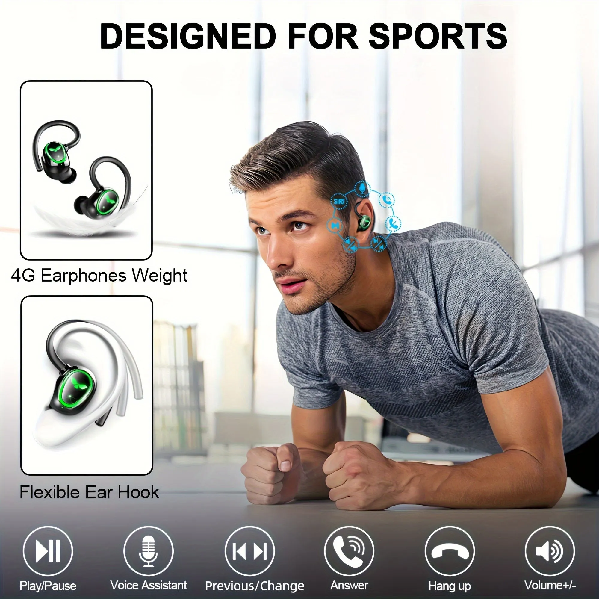 Wireless Earbuds, Wireless 5.3 Headphones Running Wireless Headphones In-Ear with ENC Mic, 48H Deep Bass Wireless Earphones Noise Cancelling Sport Earhooks Earbuds, USB-C/LED Display