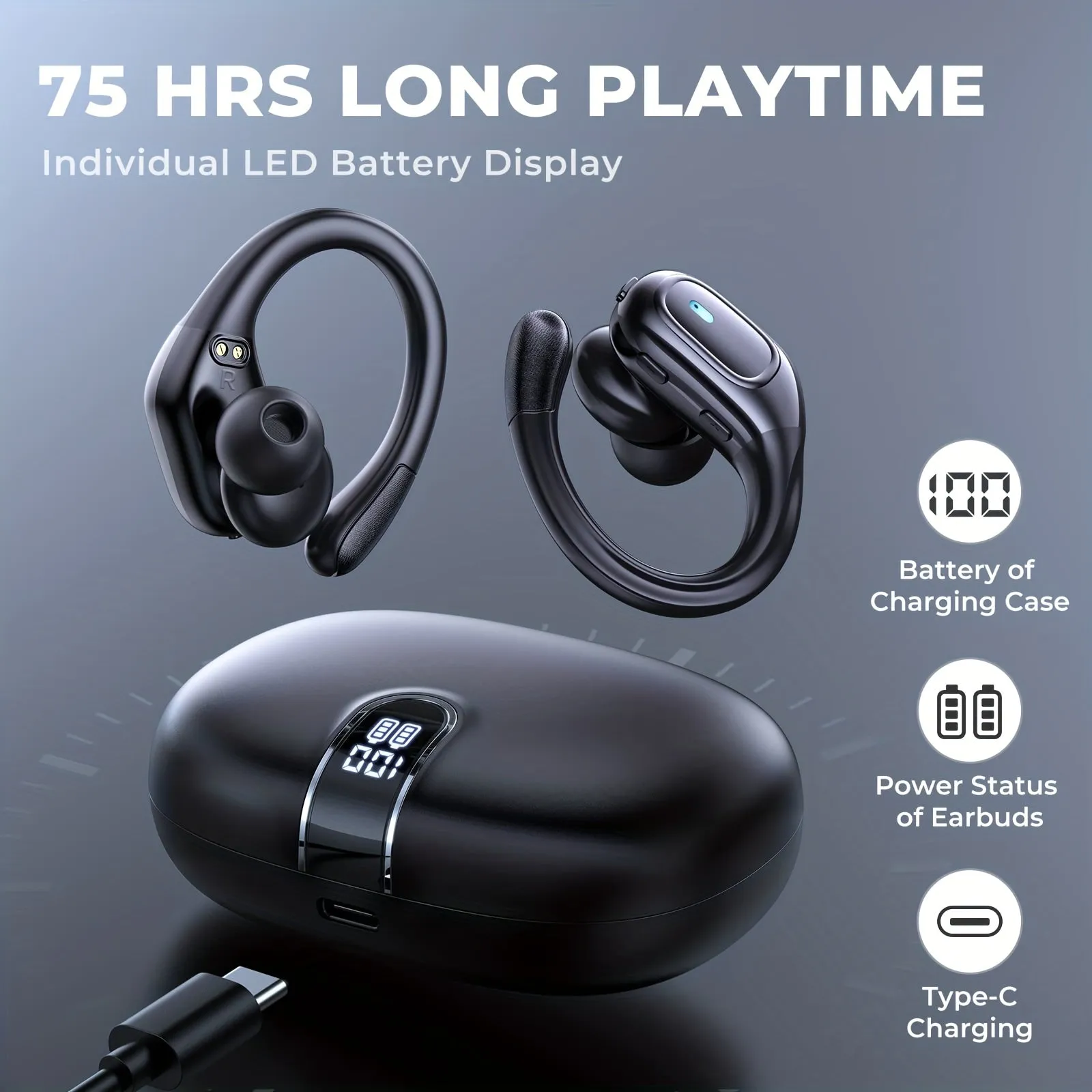 Wireless Earphones, Wireless Earbuds for Running Sports, 75Hrs Playback HD Stereo Audio LED Display, Over-Ear Headphones Earphones with Earhooks, Noise Cancelling Headset Built-in Mic